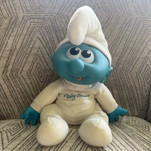 Vintage 1984 Peyo BABY SMURF 16” Plush Doll! Vinyl Head Hasbro.